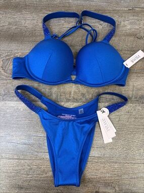 Victoria’s Secret Swim Rhinestone Strap Bikini Set Blue 34B XS Brazilian NWT